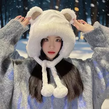 Зимняя плюшевая шапка с медведем, утепленная шапка для езды на велосипеде, утепленная флисовая шапка для девочек, женские теплые вещи первой необходимости хаки