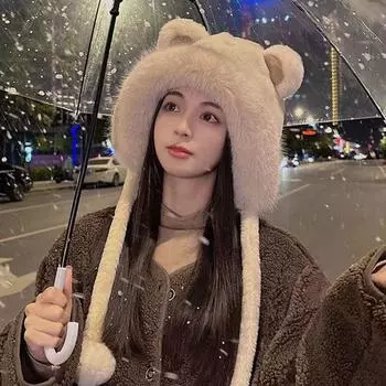 Зимняя плюшевая шапка с медведем, утепленная шапка для езды на велосипеде, утепленная флисовая шапка для девочек, женские теплые вещи первой необходимости хаки