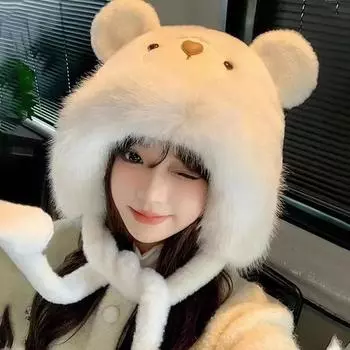 Зимняя плюшевая шапка с медвежьими ушками 2024 года, женская универсальная шапка Lei Feng, плюшевая велосипедная шапка-пуловер с защитой от холода M56-58cm грязно-белый
