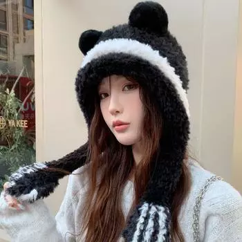 Зимняя плюшевая шапка с милым медвежонком, женская плюшевая защитная шапка Lei Feng, женская термошапка из шерсти M56-58cm чёрный