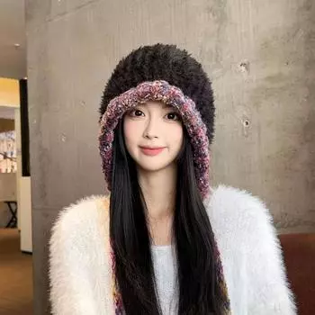Зимняя плюшевая шапка-свитер с цветным плетением, завязками на шею, защитой ушей, модная холодная и теплая вязаная шапка, женская шапка one size чёрный