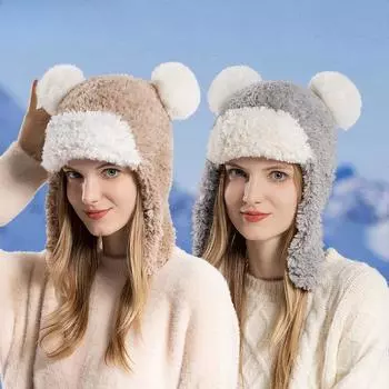 Зимняя плюшевая шапка-ушанка, женская теплая холодостойкая шапка-ушанка average size серый