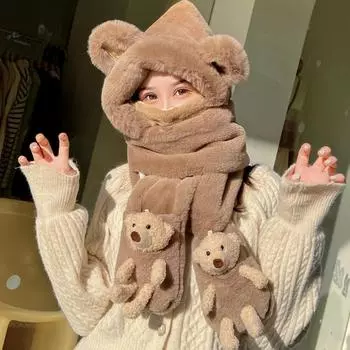 Зимняя плюшевая шапка, женская велосипедная шапка, защищающая от холода, милый шарф с капюшоном в виде медведя, трехкомпонентная ветрозащитная шапка для защиты ушей One size fits all (over 12 years old) белый