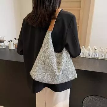 Зимняя плюшевая сумка женская 2024 новая модная сумка подмышкой с леопардовым принтом повседневная сумка через плечо большой вместимости 38*11*31 серый