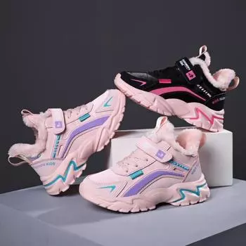 Зимняя плюшевая теплая детская повседневная обувь, непромокаемые кожаные детские кроссовки, спортивная розовая обувь для бега, кроссовки для девочек 28 розовый