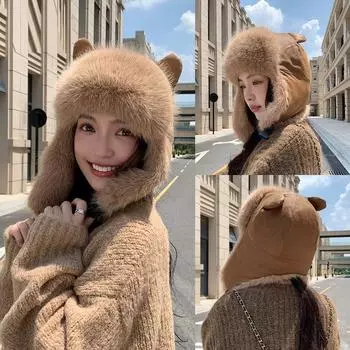 Зимняя плюшевая теплая кепка-пуловер для женщин, шапка-бомбер для активного отдыха на велосипеде, катания на лыжах, защита ушей от холода, кепка с кошачьими ушками бежевый