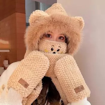 Зимняя плюшевая теплая шапка три в одном для женщин