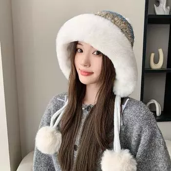 Зимняя плюшевая утолщенная плюшевая шерстяная шапка-ушанка, симпатичная большая окружность головы, теплая вязаная шапка