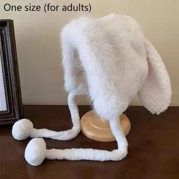 Зимняя плюшевая защитная шапка с изображением кролика из мультфильма, теплая шапка с кроличьими ушками белый