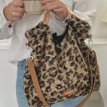 Зимняя плюшевая женская сумка с леопардовым принтом, большая вместимость, модная сумка-мессенджер через плечо
