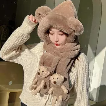 Зимняя плюшевая женская велосипедная холодная теплая шапка с милым медвежонком, шарфом и капюшоном, комплект из трех предметов, защита ушей, ветрозащитная шапка One size fits all (over 12 years old) белый