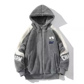 Зимняя подростковая одежда из овечьей шерсти и хлопка для мальчиков, утолщенный бархат, свободный тренд, контрастный цвет, воротник-стойка, хлопковая подкладка M серый