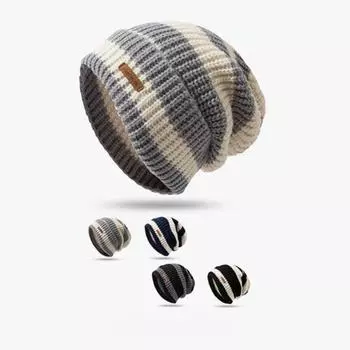 Зимняя полосатая шапка с буквами, свободная, большая окружность головы, шерстяная шапка, теплая шапка, универсальная вязаная шапка, многослойная шапка 1PC