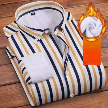 Зимняя полосатая теплая рубашка с флисовым кардиганом и воротником на пуговицах, универсальная мужская рубашка 38