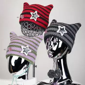 Зимняя полосатая вязаная шапка-шпилька женская Tether Star утепленная шерстяная шапка для защиты ушей белый