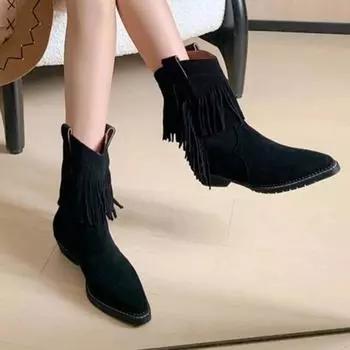 Зимняя популярная женская обувь, ковбойские сапоги в стиле вестерн, теплые однотонные универсальные ботинки с острым носком и низким каблуком 35