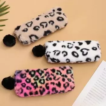Зимняя повседневная модная леопардовая плюшевая сумка-карандаш с шариками, многофункциональная портативная сумка для хранения канцелярских принадлежностей, женская косметичка кофейный