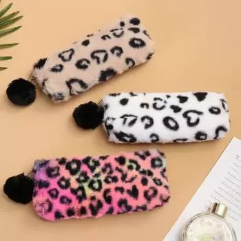 Зимняя повседневная модная леопардовая плюшевая сумка-карандаш с шариками, многофункциональная портативная сумка для хранения канцелярских принадлежностей, женская косметичка кофейный