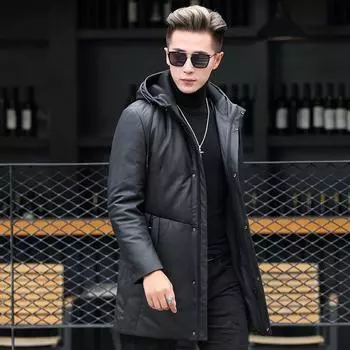 Зимняя повседневная мужская куртка для деловых людей, куртка на молнии с капюшоном, утолщенная теплая кожаная куртка для людей среднего возраста XXXXL чёрный