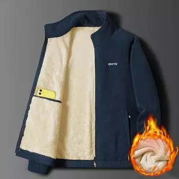 Зимняя повседневная новая теплая шерстяная утолщенная куртка на шерстяной подкладке, мужская флисовая куртка на молнии с воротником-стойкой M чёрный