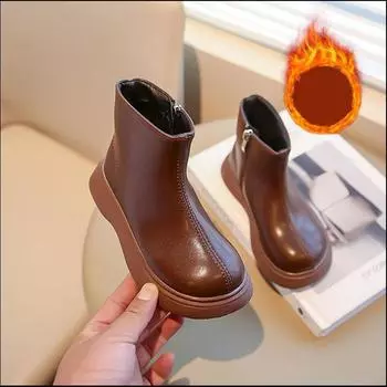 Зимняя повседневная обувь, детская обувь, детские плюшевые короткие ботинки, простые одинарные ботинки для девочек и мальчиков, мягкая подошва, кожаные ботинки с нескользящей подошвой 35 чёрный