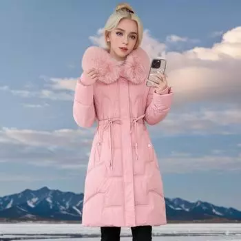 Зимняя пуховая хлопковая утепленная одежда женская с большим меховым воротником средней и длинной талией утолщенная хлопковая утепленная куртка куртка L [Recommended below 52.5 kg] белый