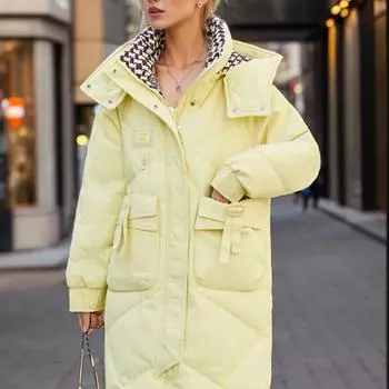 Зимняя пуховая хлопковая утепленная одежда женская средняя и длинная большого размера 100 кг жир мм хлопковая утепленная одежда версия свободная утолщенная M белый