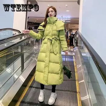 Зимняя пуховая куртка в Корейском стиле, длинная стеганая куртка с капюшоном, утолщенная ветровка длиной до колена, подходит для женщин XXXL зелёный
