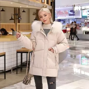 Зимняя пуховая одежда с хлопковой подкладкой женская средняя и длинная свободная куртка большого размера с утолщенным большим меховым воротником с хлопковой подкладкой M [Recommended below 57.5 kg] белый