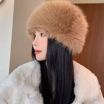 Зимняя пушистая женская теплая шапка для защиты ушей, лыжная женская, из искусственного меха лисы, ветрозащитная шапка бежевый