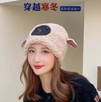 Зимняя японская мультяшная милая шапка с ушками, женская маленькая овечка, плюшевая утолщенная шапка, пуловер с волосами Douyin One Size чёрный