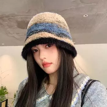 Зимняя японская шляпа рыбака с градиентными полосками, цветная блокировка, модная, универсальная, теплая, с открытым лицом, маленькая вязаная накладка на лицо, женские шапки