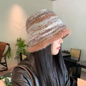 Зимняя японская шляпа рыбака с градиентными полосками и цветными блоками, модная универсальная теплая открытая шляпа с небольшой вязаной накладкой для лица, женские шапки