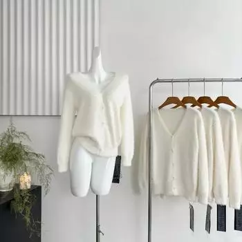 Зимняя японская вязаная норковая шуба женская свободная с V-образным вырезом повседневный дизайн вязаный кардиган белый темперамент 2000-х женская одежда XS бежевый