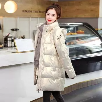 Зимняя яркая пуховая куртка средней длины с хлопковой подкладкой, утепленное пальто с капюшоном, свободная одежда M бежевый