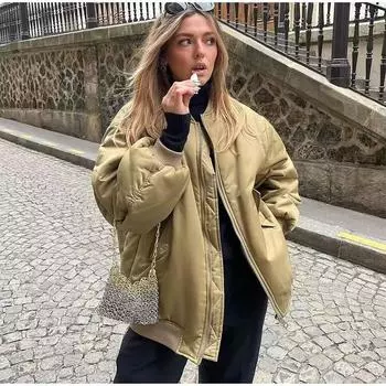 Зимняя ретро мода однотонные хлопковые куртки женские повседневные свободные карманы на молнии пальто шикарные утепленные парки верхняя одежда S зелёный