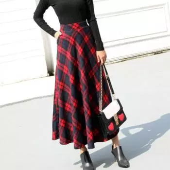 Зимняя ретро женская студенческая юбка осень-зима средней длины из шерстяной ткани с широкими складками и высокой талией длинная юбка в клетку S красный