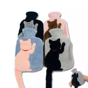 Зимняя резиновая грелка с теплым чехлом из искусственного меха и флиса с помпоном для кошек Black cat