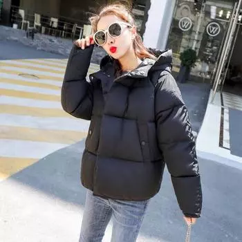 Зимняя розово-белая куртка, женское пальто, модные короткие парки с хлопковой подкладкой, облегающее повседневное корейское теплое пальто с капюшоном, женское S чёрный
