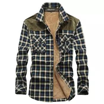 Зимняя рубашка из хлопка в клетку с длинными рукавами из бархата и утолщенной шерпы L