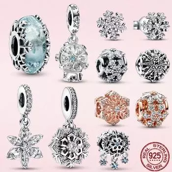 Зимняя серия S925, серебряная подвеска в виде снежинки, синие бусины из муранского стекла, снежный шар, подвеска с ангелом, подходит для модного браслета, рождественские подарки