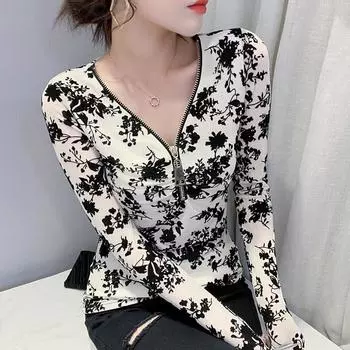 Зимняя сексуальная футболка с V-образным вырезом на молнии, женская сетчатая верхняя часть, обтягивающая внутренняя часть, с длинными рукавами, базовая рубашка для женщин M чёрный