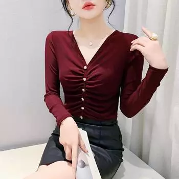 Зимняя сексуальная футболка с V-образным вырезом, женская, с длинными рукавами, в иностранном стиле, облегающая внутри, с черной низом S