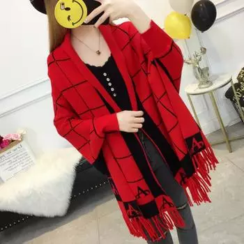 Зимняя шаль с рукавами в клетку, теплая, с бахромой, утолщенная, вязаная, кардиган большого размера с бахромой 200*70CM красный