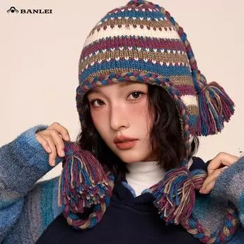 Зимняя шапка 2024 года, женская шапка-ушанка с бахромой и плетением, теплая флисовая шапка-пуловер, универсальная вязаная шапка для лица M56-58cm чёрный