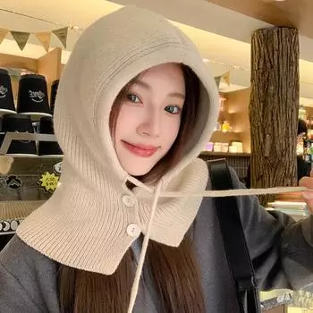 Зимняя шапка-балаклава, теплая вязаная женская шапка-капюшон, однотонная цельная шапка-пуловер, кашемировые шапки для активного отдыха бежевый