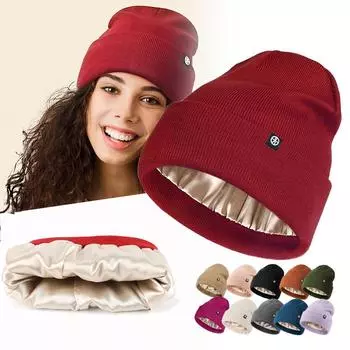 Зимняя шапка Бини с шелковой подкладкой Хип-хоп Кепка для пар Повседневная однотонная шапка для мужчин и женщин Теплая вязаная шапка для лыж Skullies Bonnet