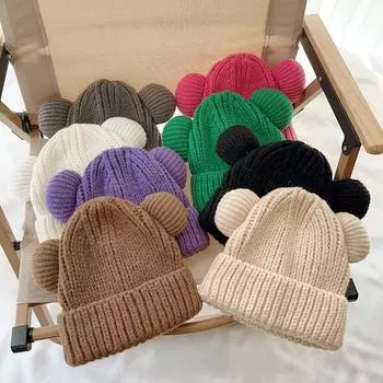 Зимняя шапка для девочек и мальчиков с медведем, теплая вязаная детская шапка с ушками, однотонная детская шапка с защитой ушей, возраст 2–6 лет белый