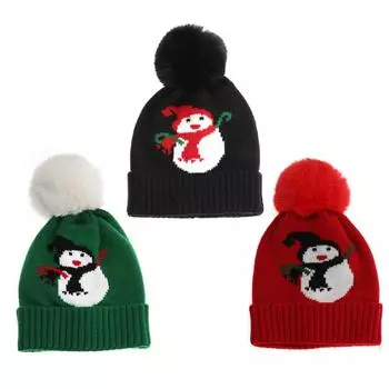 Зимняя шапка для девочек, новая детская теплая шапка с шариком для волос Amazon, праздничная рождественская шапка со снеговиком