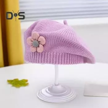 Зимняя шапка для девочек с цветочным декором, вязаная эластичная, нескользящая, детская шапка художника, реквизит для фотосъемки, повседневный головной убор для путешествий, школы, шопинга жёлтый